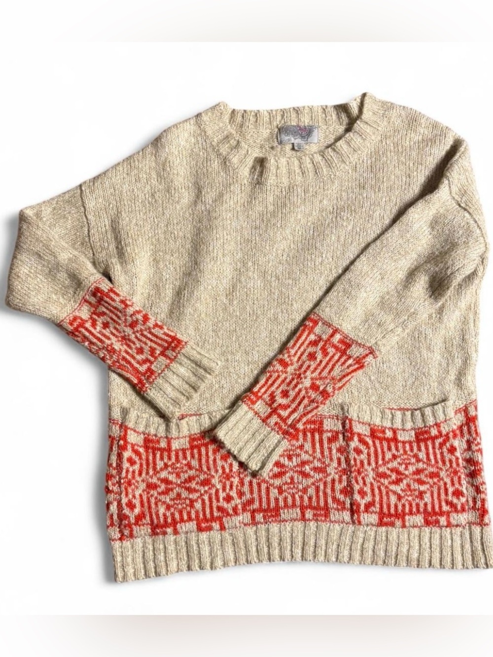 Ecote Cream Crewneck Sweater with Coral Red Patterned Trim